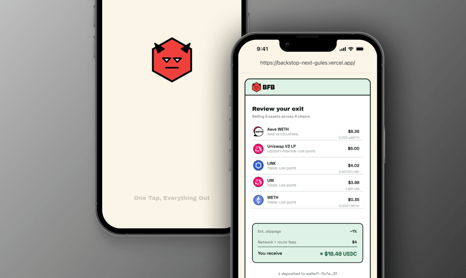 BFB — exit everything to USDC, DeFi hackathon app