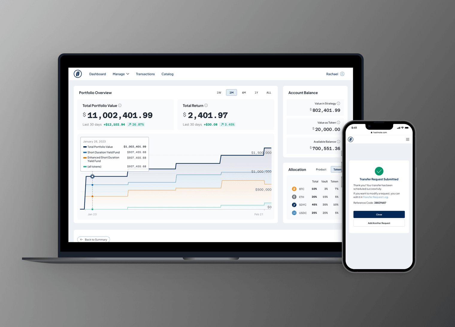 Hashnote institutional investor portal on desktop and mobile