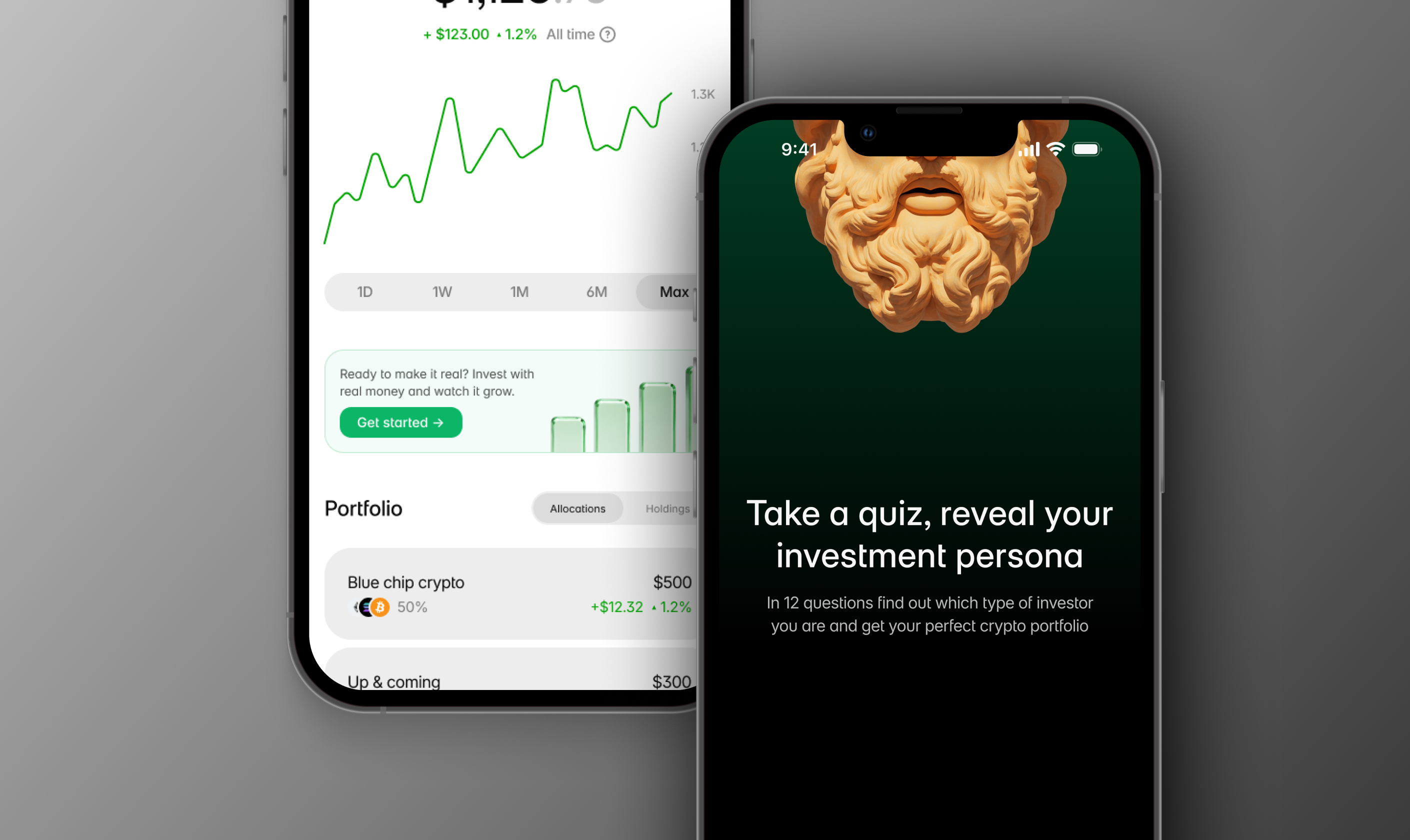 PersonaFi crypto investment app — portfolio and onboarding screens